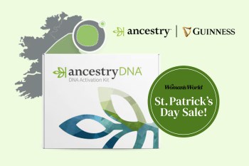 An image of a DNA test from Ancestry.com with the company logo and Guinness beer logo above it and text that reads 'St. Patrick's Day Sale!'