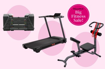 Various pieces of fitness equipment discounted during Amazon's Big Spring Sale arranged on a pink background.