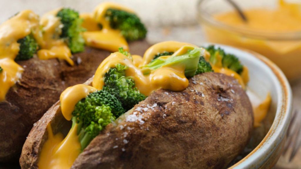 loaded baked potato with broccoli cheese sauce