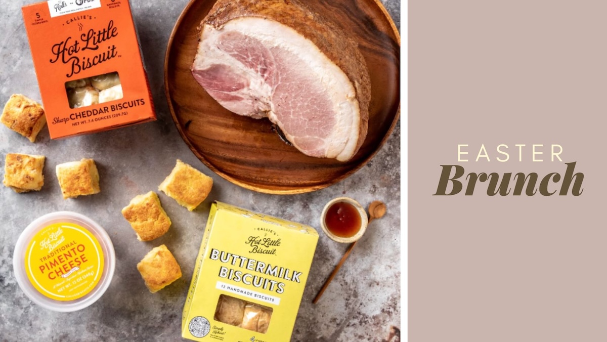 An image of the Easter Brunch kit offered by Porter Road next to text that reads 'Easter Brunch' on a taupe background.