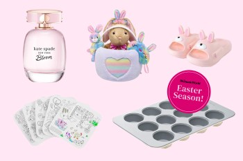 Various ideas for Easter basket and gifts arranged on a pink background for the Easter gift guide from Woman's World.
