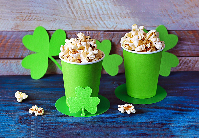 Festive St Patrick's Day popcorn cups in green cups