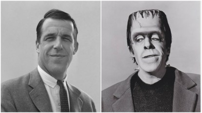 Fred Gwynne with and without makeup in 1964