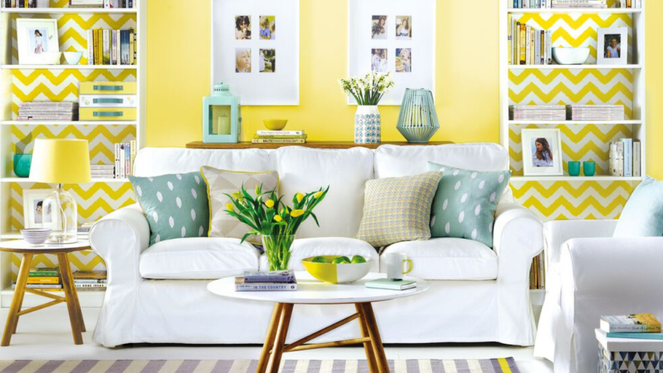 yellow living room redecorating for spring