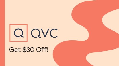 An image with a peach background and text that reads 'QVC Get $30 Off!' to promote a coupon code they're offering.