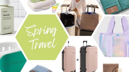 A collage featuring various items from luggage to supplements with text that reads 'Spring Travel.'