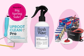 Cleaning and odor eliminating items that are discounted during Amazon's Big Spring Sale arranged on a pink background.