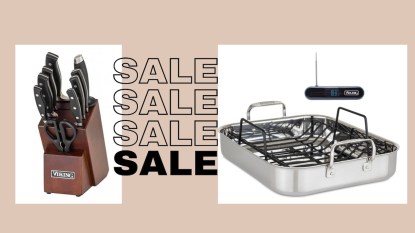 Knives and a roaster from Viking Cookware with 'Sale' written repeatedly; these items are discounted during Amazon's Big Spring Sale.