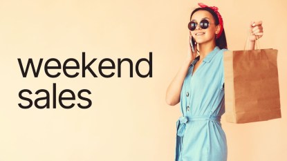 An image with text that reads 'Weekend Sales' next to a young woman in a blue dress and sunglasses holding a brown paper shopping bag.
