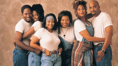 Living Single Cast Photo: They are all in white shirts and jeans