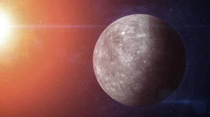 mercury direct 2024: View of planet Mercury from space. Sun, space, nebula and planet Mercury.