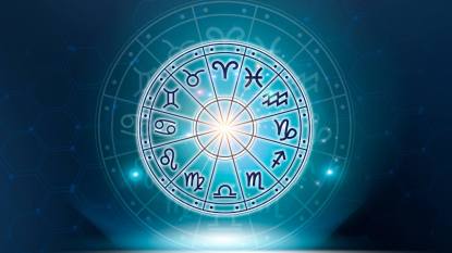 Zodiac signs inside of horoscope circle. Astrology in the sky with many stars and moons astrology and horoscopes concept (may horoscope)