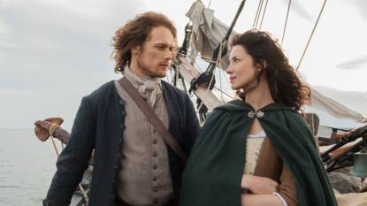 where to watch outlander and see two people staring at each other on a boat.
