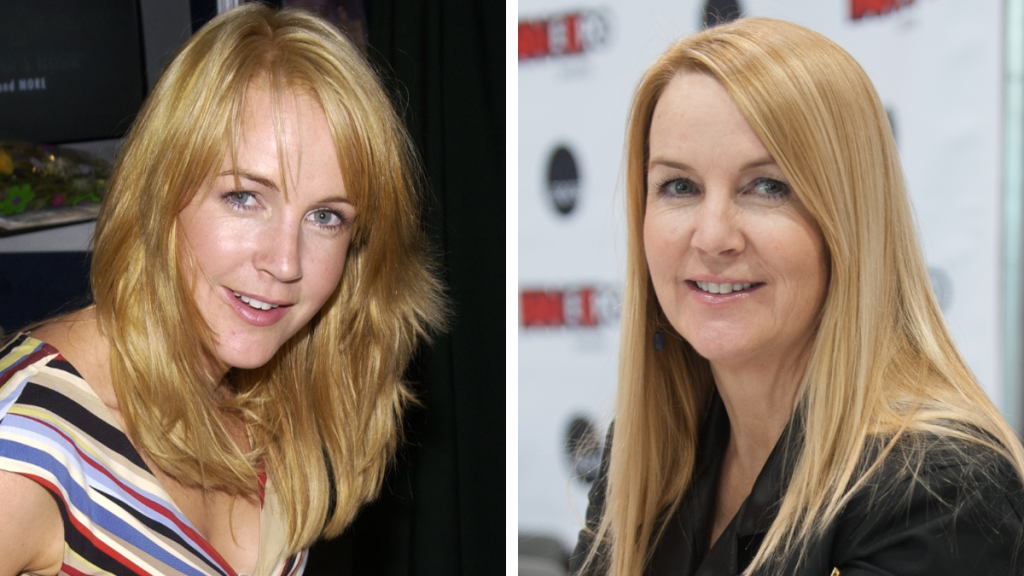 Renee O'Connor in 2003 and 2018