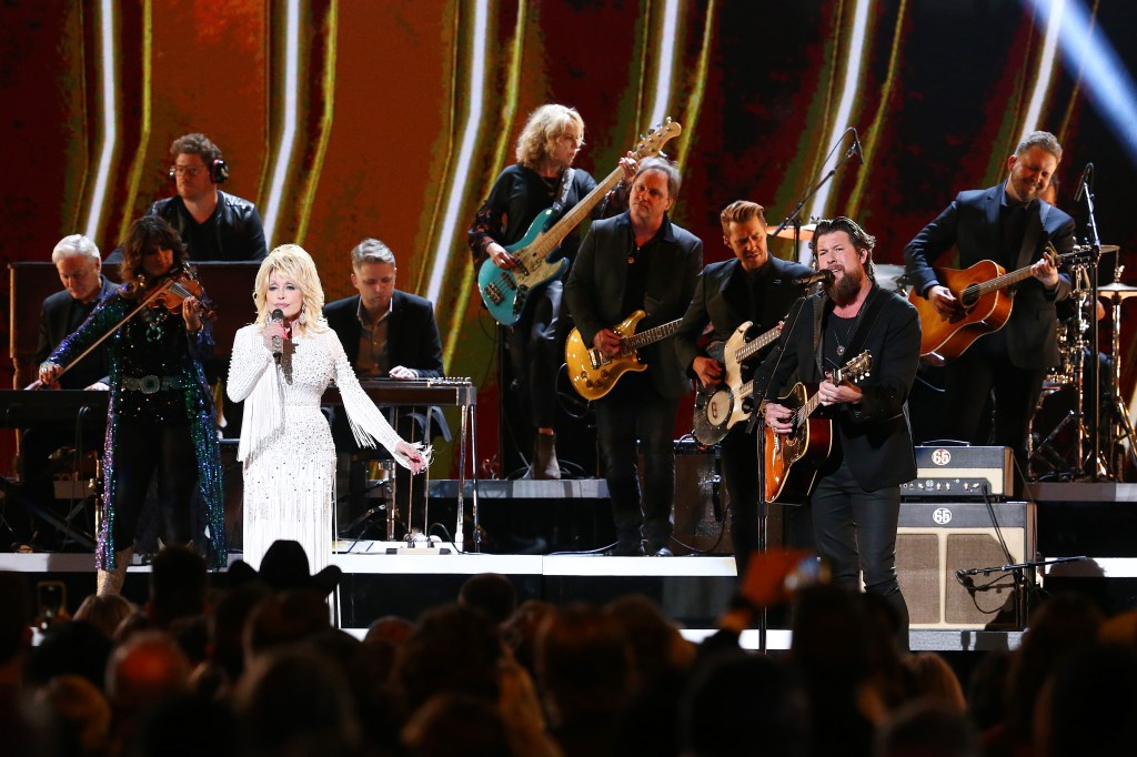Dolly Parton and Zach Williams performing together at the 53rd annual CMA Awards in Nashville
