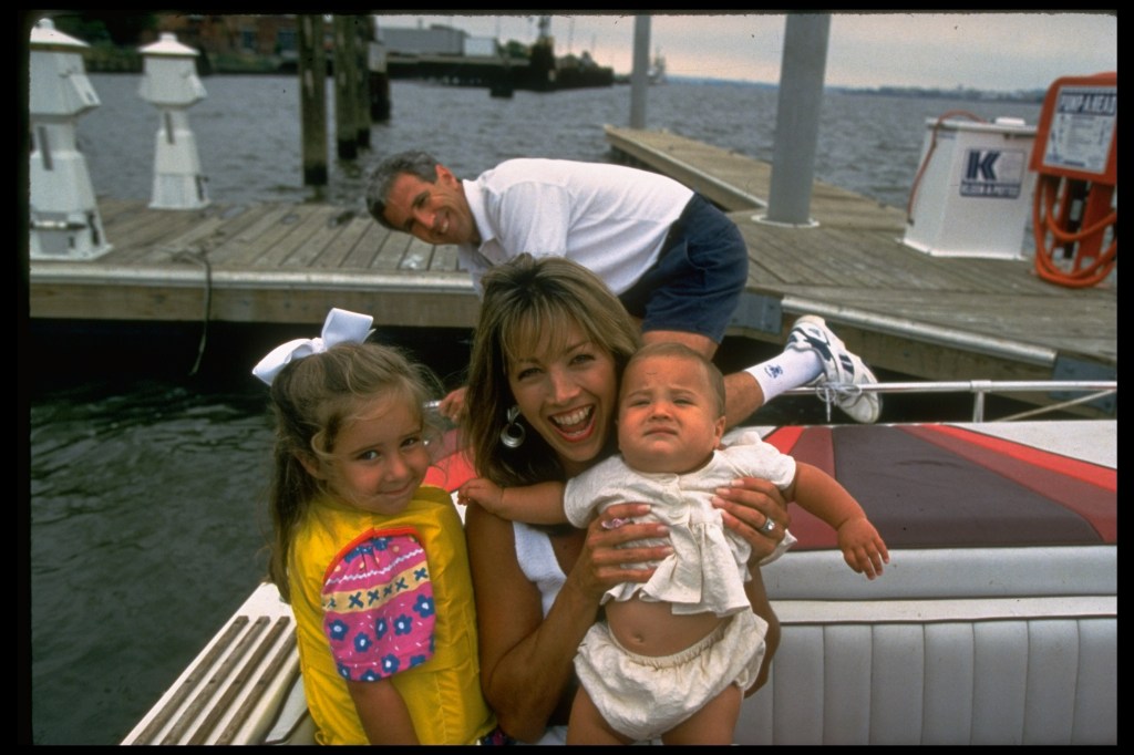 Denise Austin, husband Jeff, daughter Kelly, 3, and daughter Katie, 7-month, on a boat together, 1992