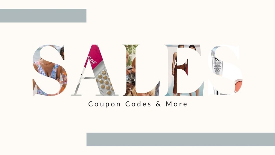 An image that says 'sales coupon codes and more' with various images of goods from women's retailers and beyond.