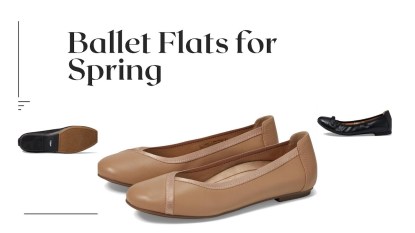 A white background with three images of ballet flat shoes and black text reading 'Ballet Flats for Spring.'