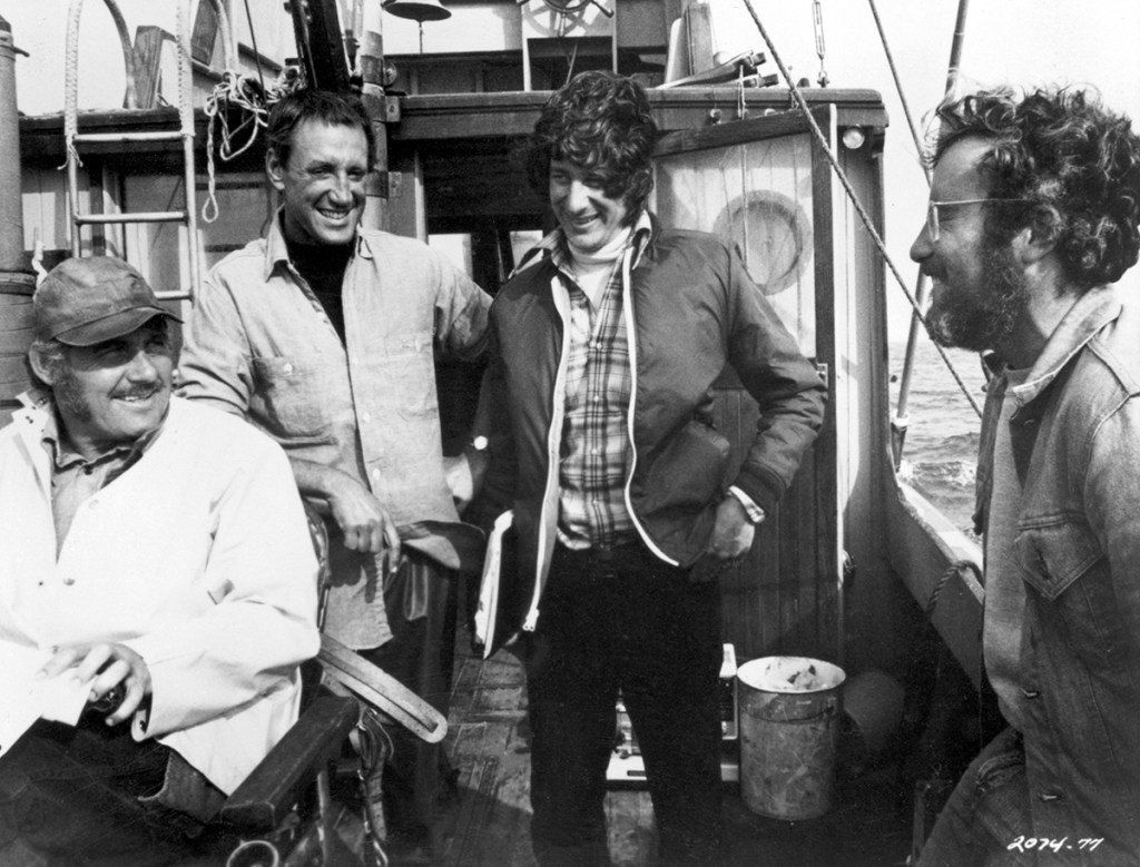 Robert Shaw, Roy Scheider, Steven Spielberg and Richard Dreyfuss during the filming of 1975's Jaws