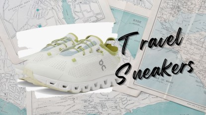An image with maps in the background and the On Cloud 5 slip-on shoes with text that reads 'Travel Sneakers.'