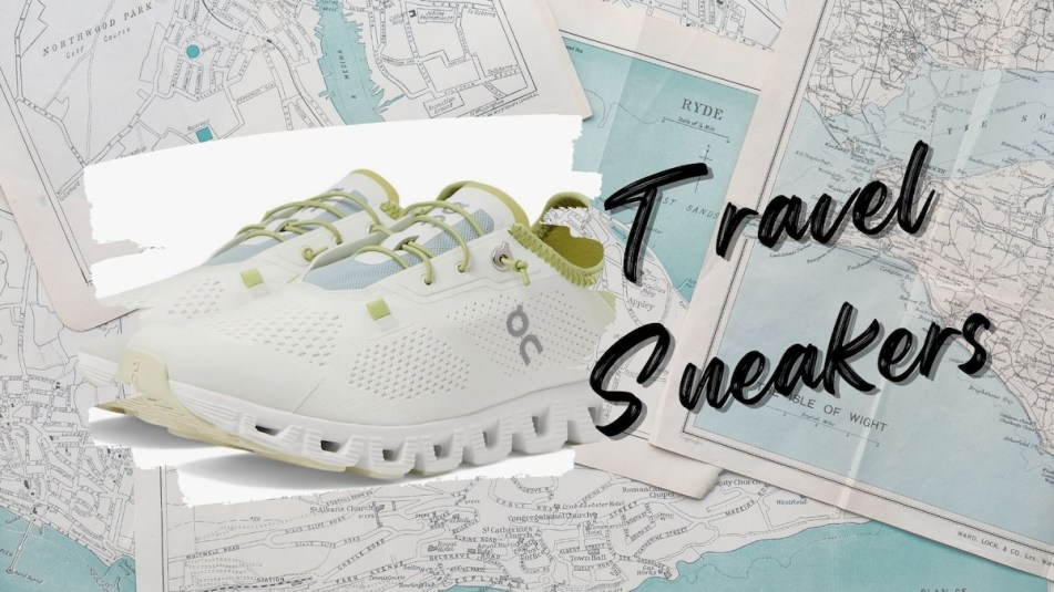 An image with maps in the background and the On Cloud 5 slip-on shoes with text that reads 'Travel Sneakers.'
