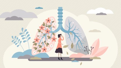 illustration of women's lung health. flowers, plants, and clouds surrounding cartoon lungs, with small woman examining them.