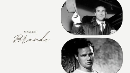 An image with a white background and black text that reads 'Marlon Brando' next to never-before-seen images of the young actor.