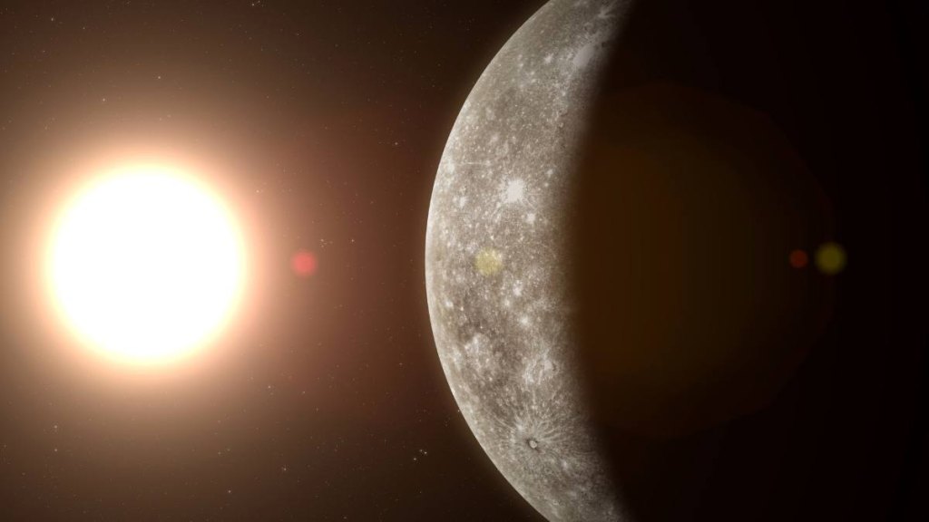 Mercury Retrograde Shadow: View of planet Mercury from space. Sun, space, nebula and planet Mercury. High resolution and quality solar system planet. This image elements furnished by NASA.