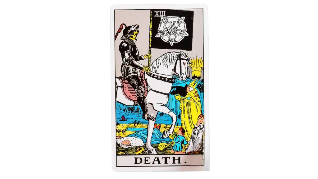 Death, tarot card in hand. Banner background with copy space for text.