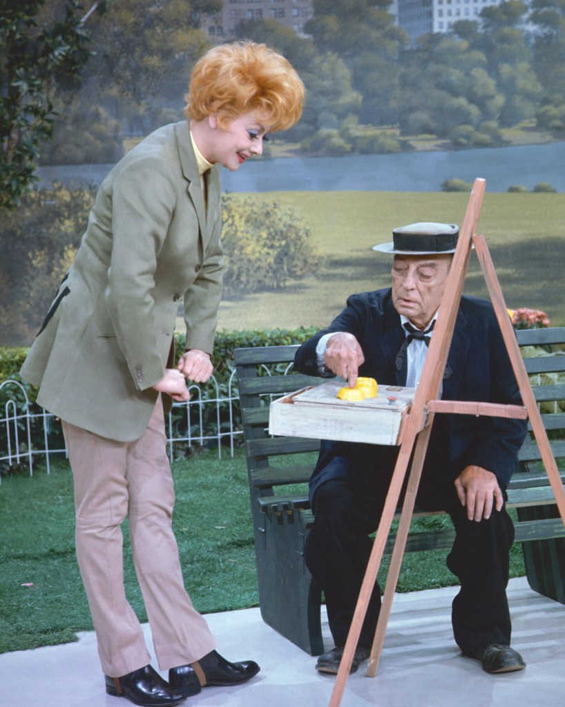 Comedians Lucille Ball and Buster Keaton perform a sketch for the television show 'Salute to Stan Laurel', 1965