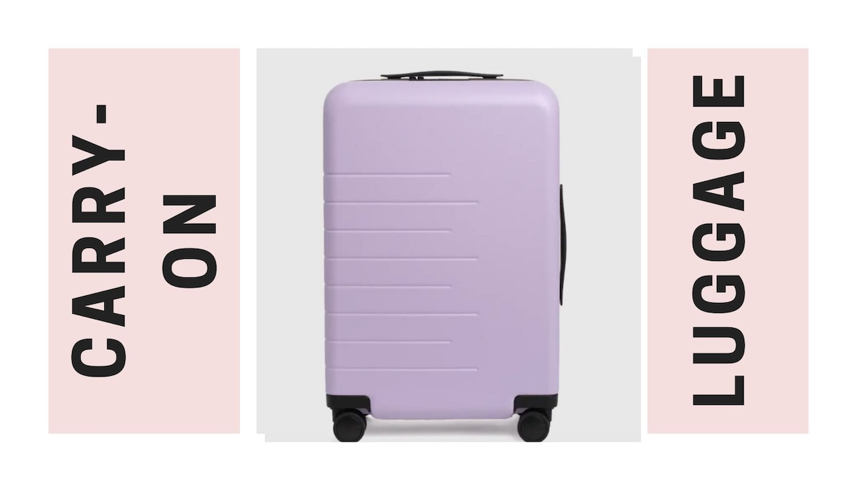 An image with text that reads 'carry-on luggage' and a picture of a four-wheel hard-shell carry-on bag.