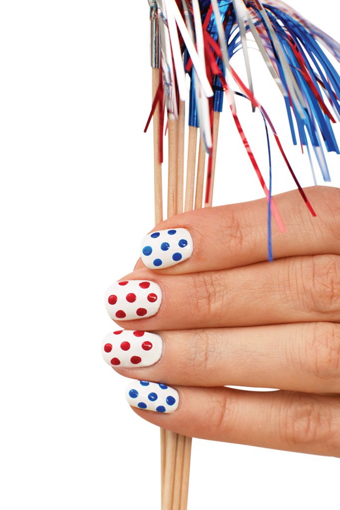 red white and blue polka dot nails