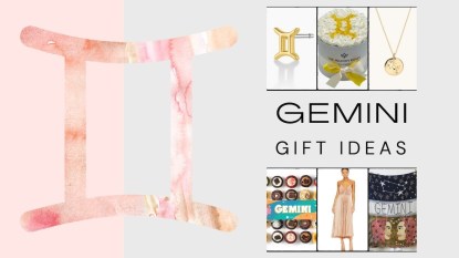 An image with the Gemini sign and various gemini-inspired products with text that reads 'Gemini Gift Ideas.'