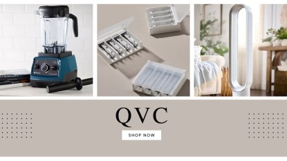 Home goods and beauty items on sale at QVC this weekend with text that reads 'QVC Shop Now.'