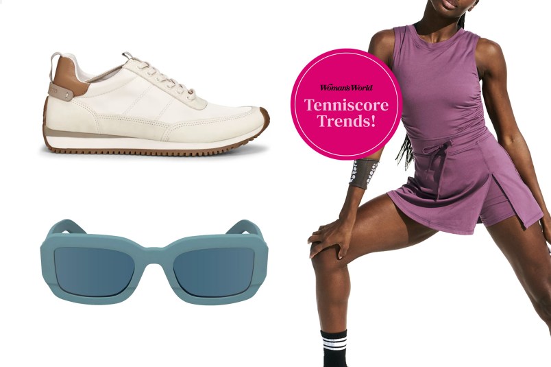Tennis sneakers, sunglasses, and a woman in a tennis dress with text that reads 'Woman's World Tenniscore Trends!'