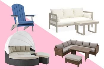 Four patio furniture sets arranged on a pink and white background.
