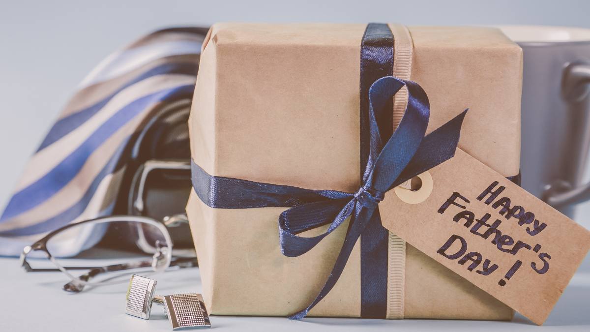 Fathers day concept - present, coffee, tie, mustache copy space: father's day gifts