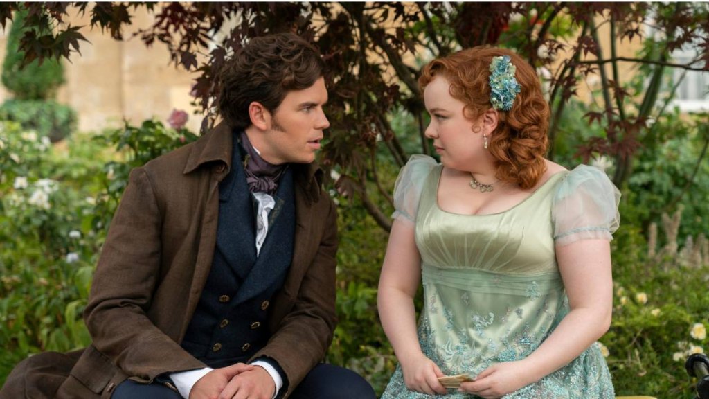 Lady Penelope Featherington (Nicola Coughlan) and Colin Bridgerton (Luke Newton) in ‘Bridgerton’