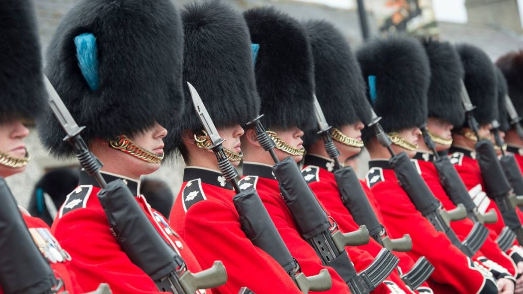 The Royal Guard attends the arrival of Queen Elizabeth II & Prince Philip, Duke Of Edinburgh at the the unveiling of the Robert Quigg VC memorial statue in Bushmills village on June 28, 2016 in Bushmills, Northern Ireland.