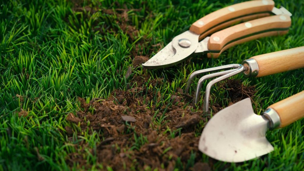 Gardening equipments on the grass