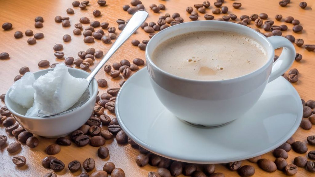 the keto diet: Bulletproof coffee latte, blended with coconut oil. Soft focus