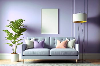 Living room with periwinkle couch and wall