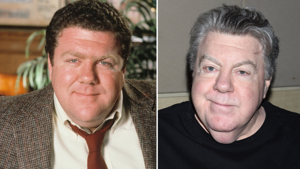 Side-by-side of actor George Wendt in Cheers and now