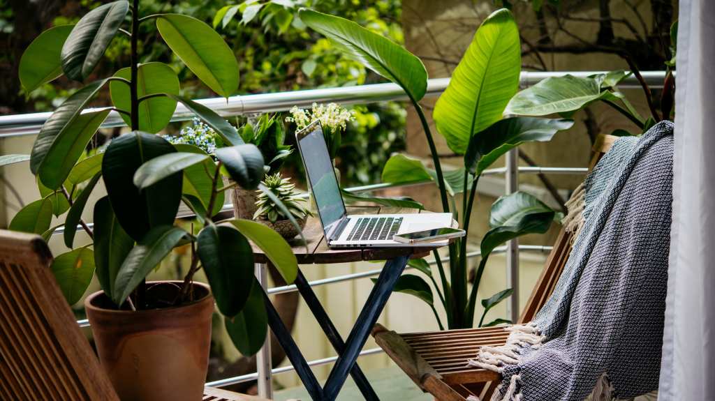 Budget small garden ideas: Outdoor balcony decorated with tall tropical tree and palm plants surrounding a patio table and chairs