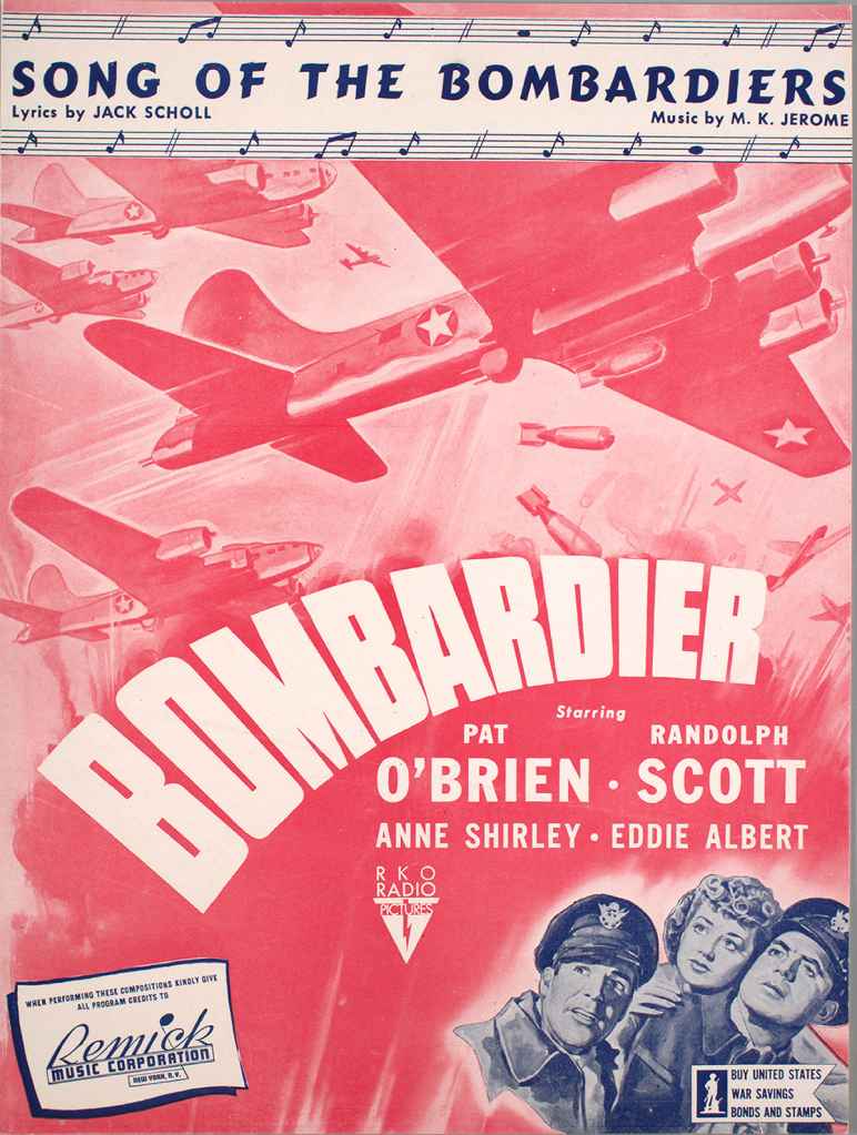 Color lithograph sheet music cover image of 'Song of the Bombardiers' by Jack Scholl and M K Jerome, 1900