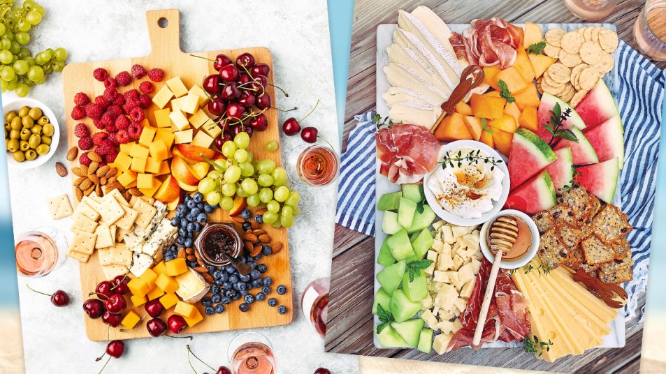 2 grazing boards with fruit, cheese, nuts and crackers