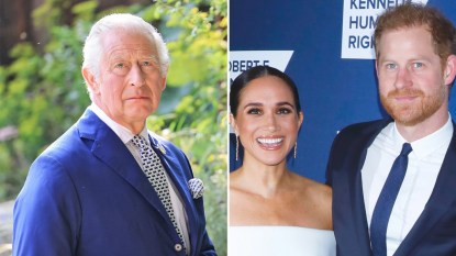 Side by side of Prince Harry and Meghan Markle along with King Charles III
