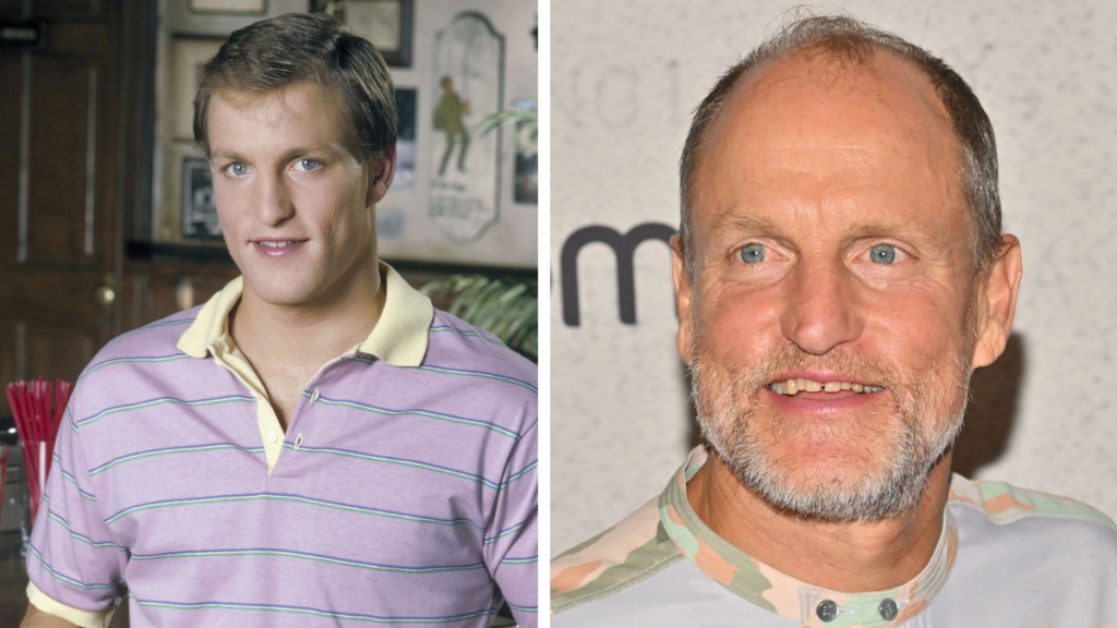 Side-by-side of actor Woody Harrelson in Cheers and now