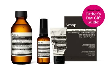 An image of men's skincare products from Aesop with text that reads 'Woman's World Father's Day Gift Guide!'