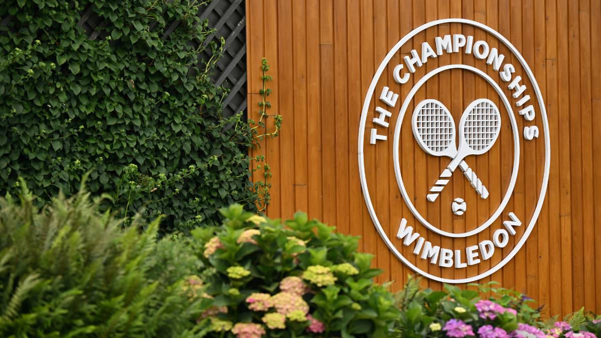 A logo is pictured on the eve of the 2024 Wimbledon Championships at The All England Lawn Tennis and Croquet Club in Wimbledon, southwest London, on June 30, 2024